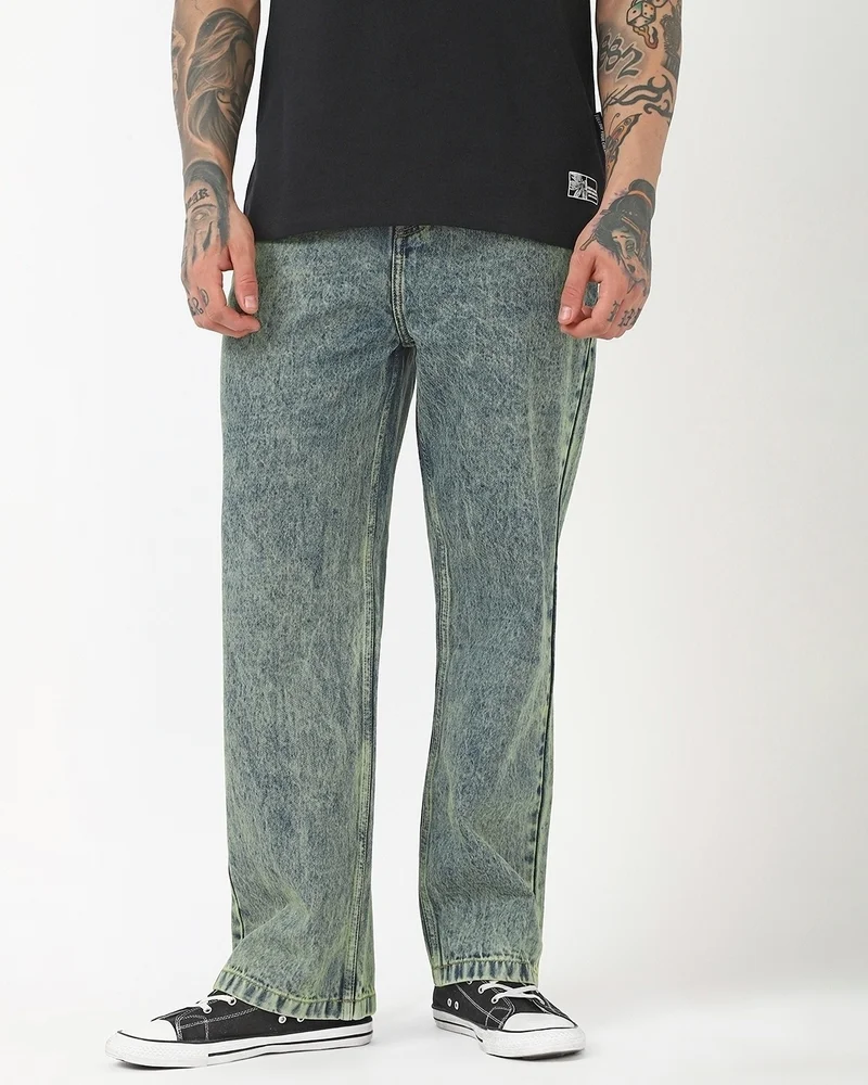 بيواكوف Men's Bluish Green Washed Straight Fit Mid-Rise Jeans